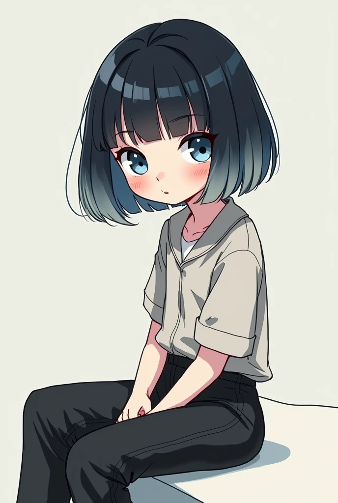 gender:Girl Eye Color:Blue Eyes Hairstyle:Bob hair color:Black hair with light gray hair gradation color:Cool and stylish clothes:Parker style:Deformed illustration system:Sitting