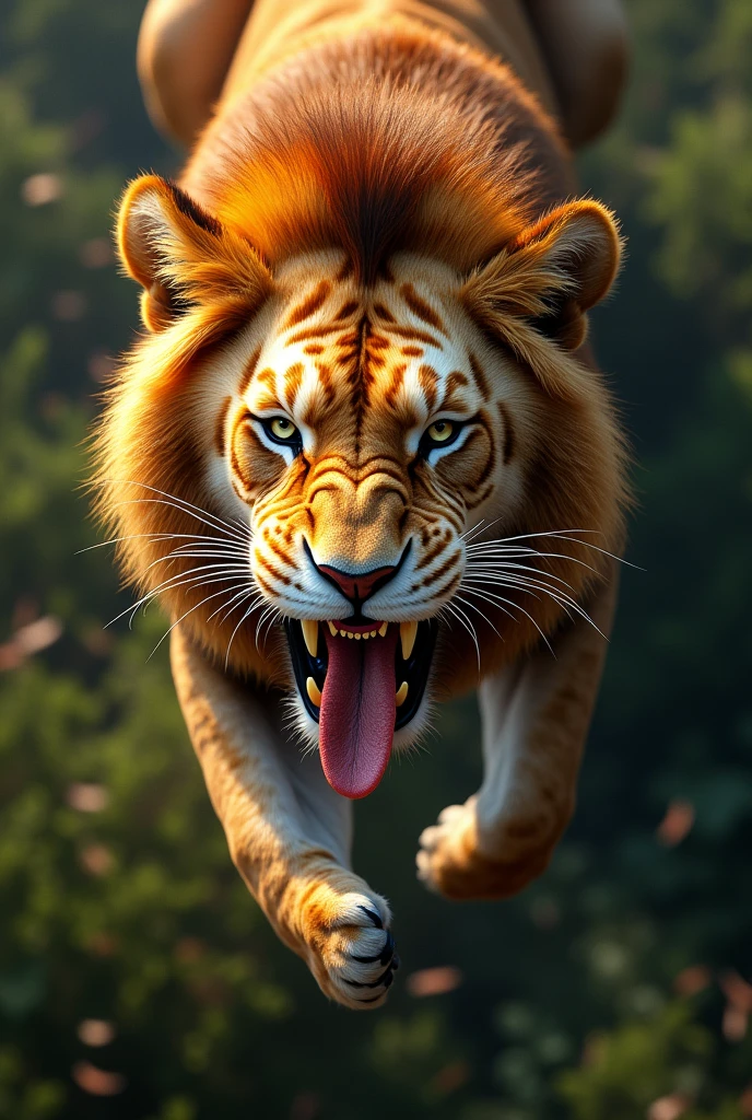 Bengal lion seen from above as if biting something, that his fangs can be seen