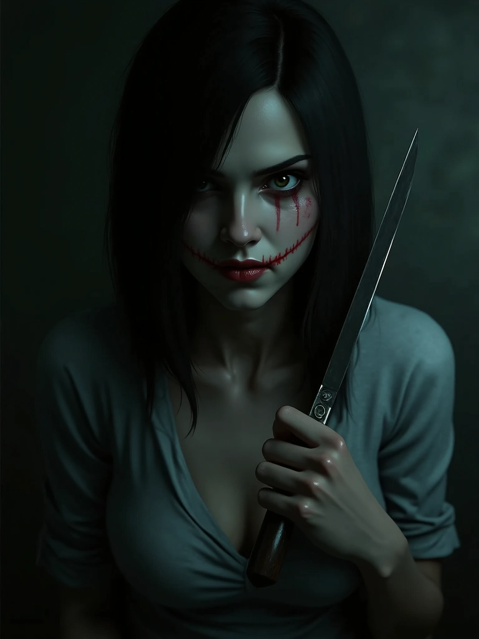 woman's face with blank stare, thin lips smile sarcastically, hold the knife tightly, in a dimly lit room.