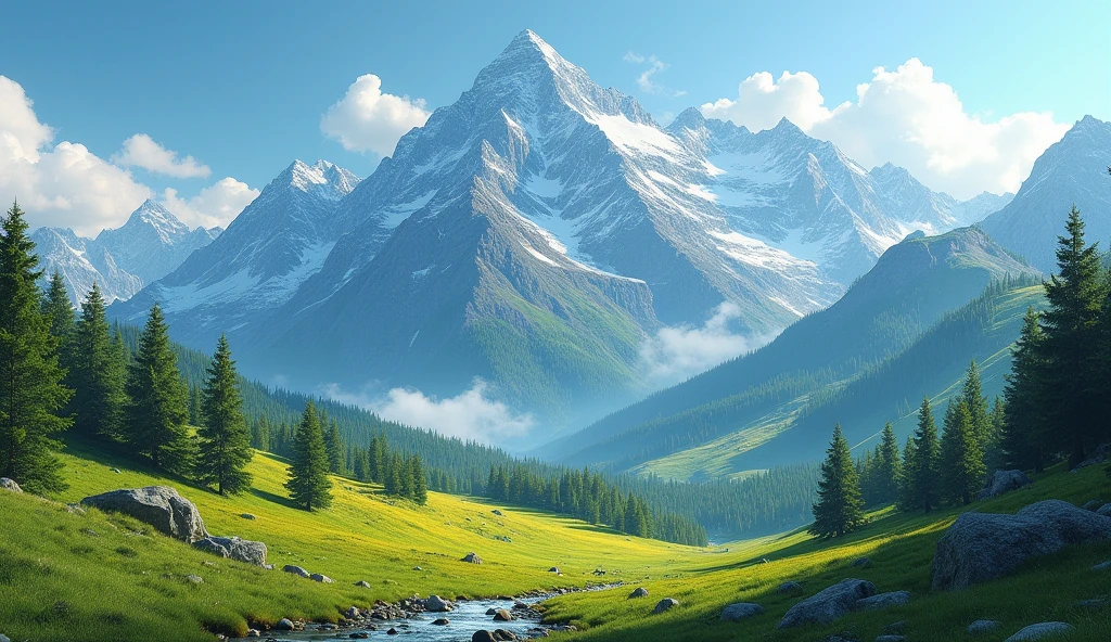 ((Masterpiece))((beautiful))((realistic))green mountain and yellow green tuorqois sky with Oren sky blue snow ,no people,size 4MB,