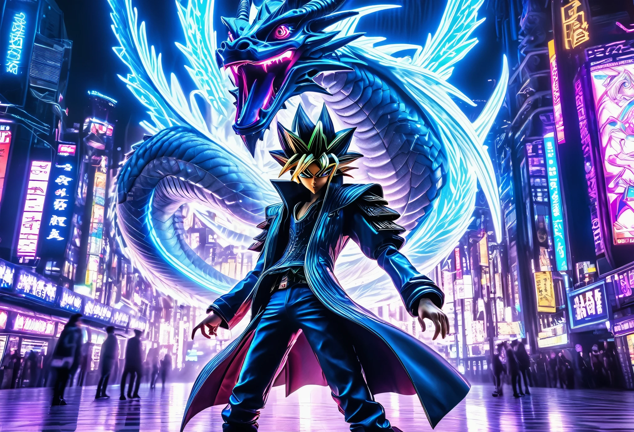 a YuGi-Oh duelist in a holographic cyberpunk Tokyo arena, dramatically summoning a blue eyes white dragon, cinematic dynamic pose, hyperrealistic detailed, 8k, photo-realistic, HDR, dramatic lighting, neon lights, intricate futuristic cityscape, cinematic camera angle, powerful energy effects, glowing holographic technology, intense dynamic motion blur, masterpiece