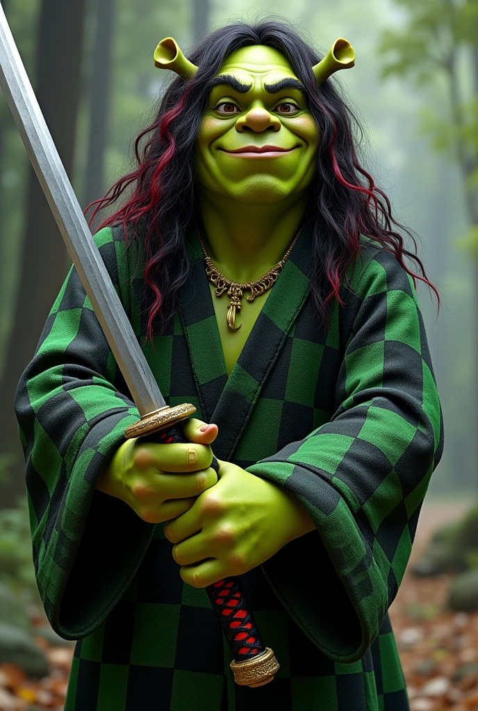 Shrek dressed in green and black checkered tunic, long black hair with red, a katana in hand 
