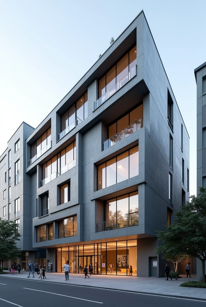 Create a modern architectural facade for a school that contains separate elements