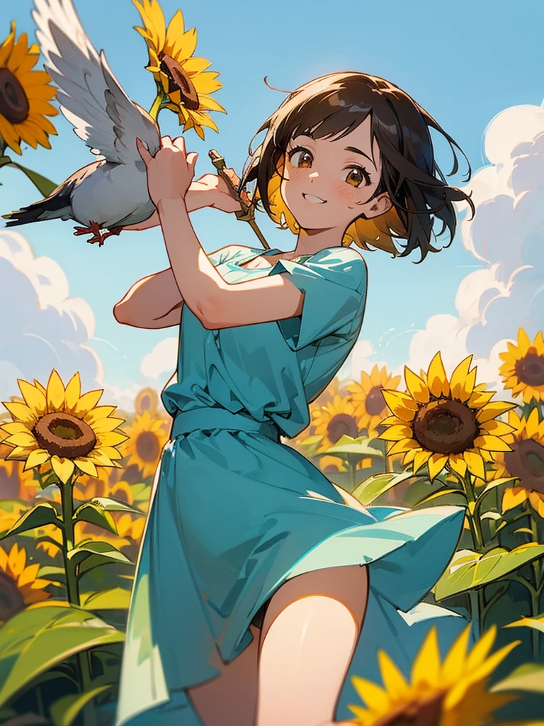master piece, best quality, for below, cinematic angle, upper body , pigeon toed,
Anime-style Moe illustration, summer vacation theme, 20-year-old woman, sunflower field, short hair,
Picnic Maxi Dress, slightly inner thighs, smile, accurate drawing, Active pose, Active Angle,