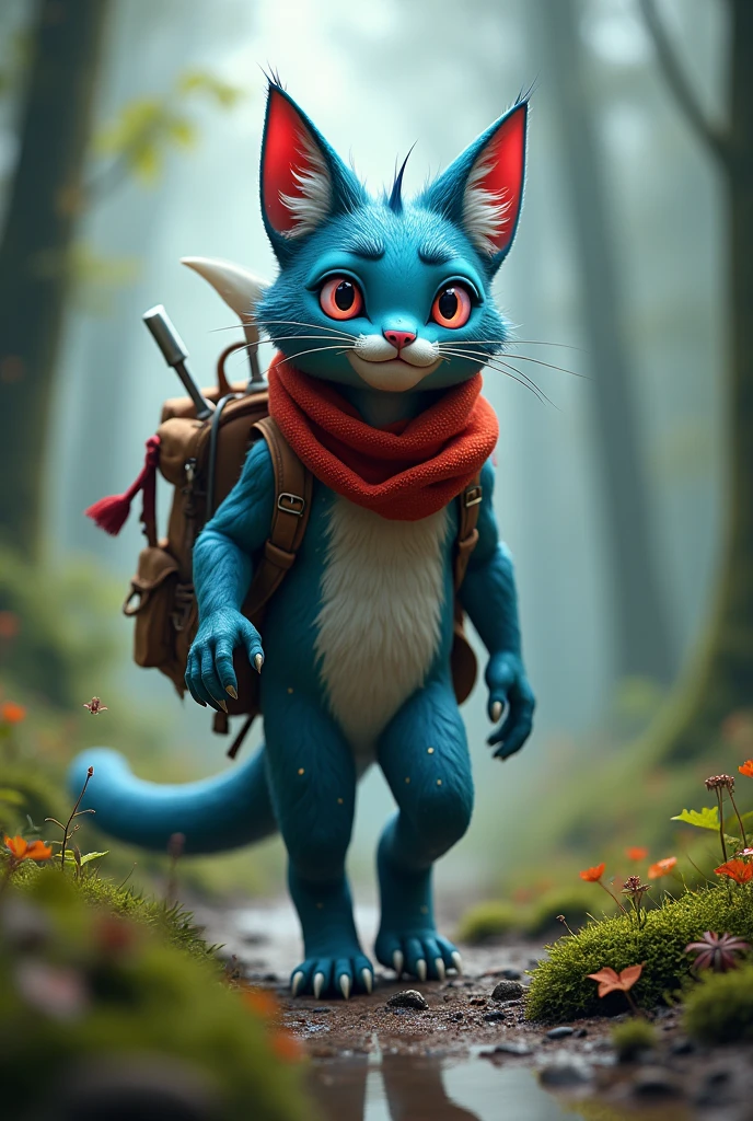 Lynx is a type of slug, Meidan worm with white horns on its back
, His skin is blue with red lines, white and combine with each other, He has a red scarf and a medium-sized eye with a pink pupil. Lynx walking along a narrow path in the swamp, with a small backpack on his back. His expression would be one of curiosity and determination..
Characteristics:
equipment: I could carry a compass, a flashlight or a small axe, suggesting that he is prepared for any adventure.
position: A slightly forward leaning posture, transmitting movement and dynamism.
Details: He may have mud stains on his fur and worn-out clothing..
These concepts can be combined and adapted according to your preferences.. For example, You could combine the dominant stance of the second concept with the cautious expression of the first..