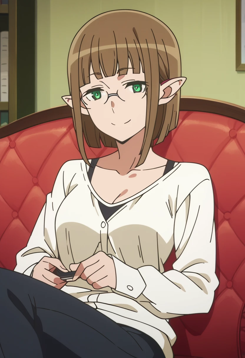 Eina Tulle, anime screencap, glasses, sitting on sofa, light smile, relaxing, 