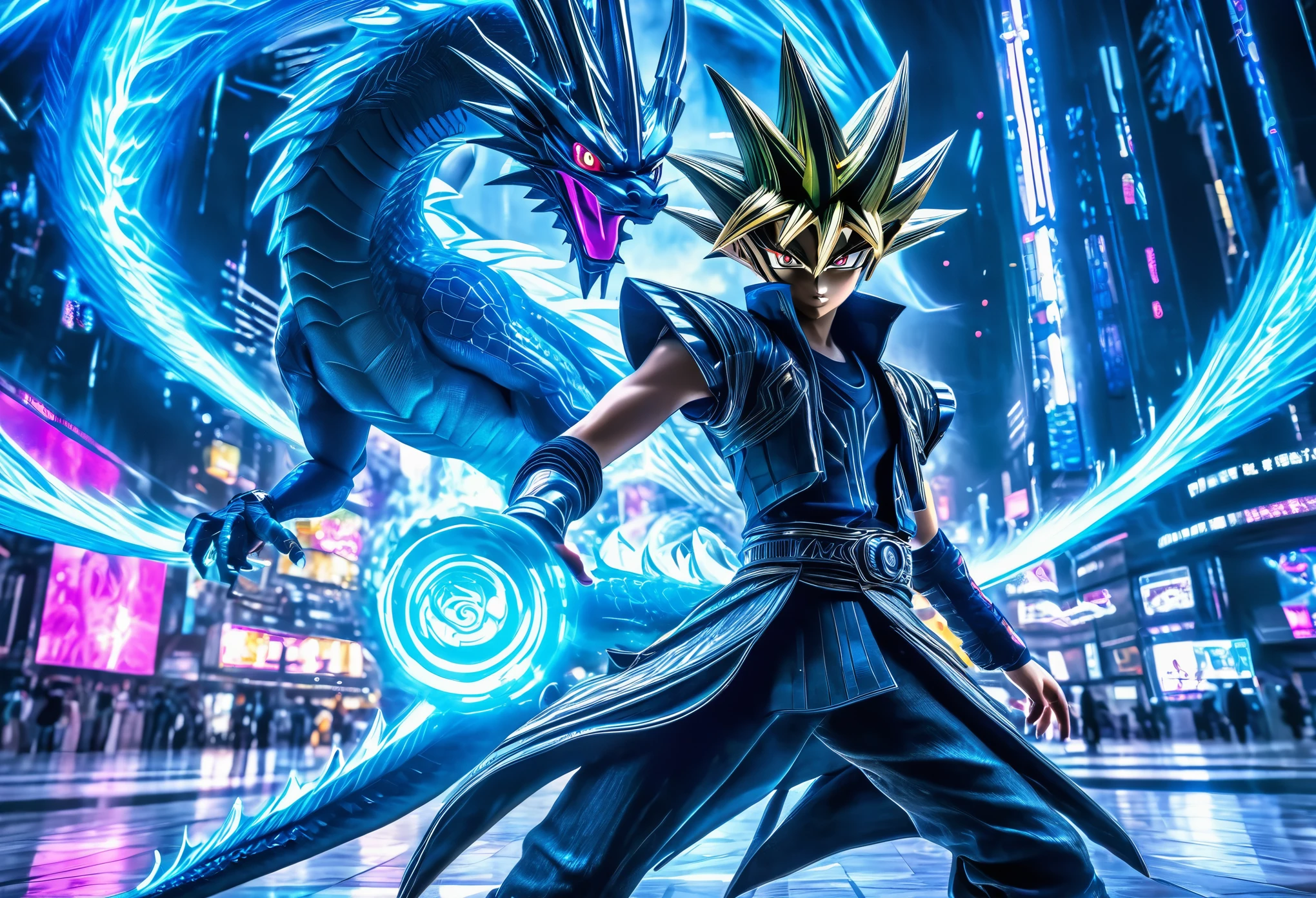 a YuGi-Oh duelist in a holographic cyberpunk Tokyo arena, dramatically summoning a blue eyes white dragon, cinematic dynamic pose, hyperrealistic detailed, 8k, photo-realistic, HDR, dramatic lighting, neon lights, intricate futuristic cityscape, cinematic camera angle, powerful energy effects, glowing holographic technology, intense dynamic motion blur, masterpiece