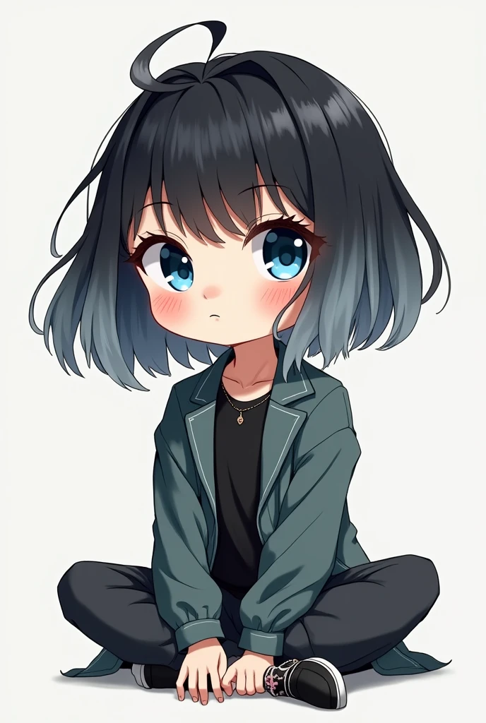 gender:Girl Eye Color:Blue Eyes Hairstyle:Bob hair color:Black hair with light gray hair gradation color:Cool and stylish clothes:Parker style:Deformed illustration system:Sitting