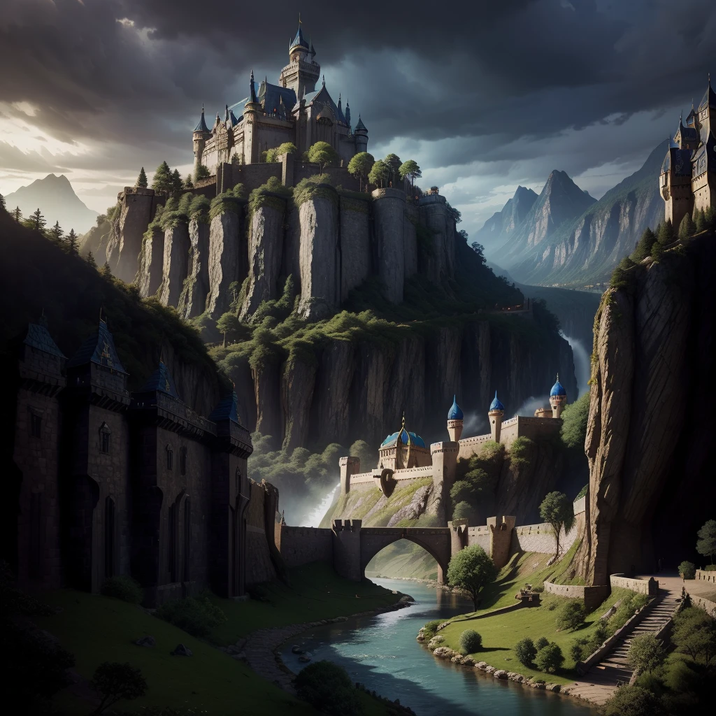 a beautiful fantasy kingdom with an immense castle and a citadel surrounding it, guarded by strong walls, with a river and an adjacent forest, highly detailed, cinematic lighting, dramatic atmosphere, vibrant colors, realistic, 8k, best quality, masterpiece, the weather is sunny
