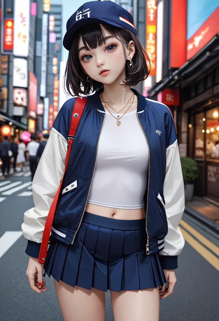 (masterpiece, best quality,ultra highres),latest fashion girls,(cap,COLORBLOCK pattern SHORTS-LEEVE ZIP-UP JACKET,White tight shirt, mini pleated skirt,cork platform sneakers),pendant necklace,navel,downtown of tokyo,BREAK (16yo,detailed face,(darkblue wavy-short hair),eyebrows,middle small breasts),