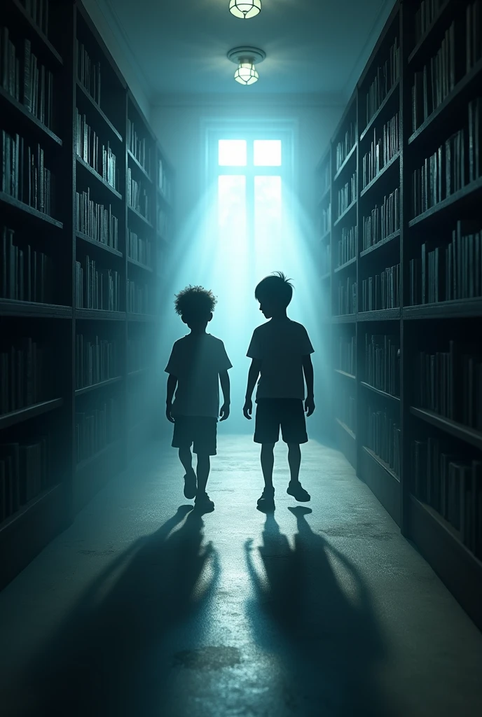 Creates a photo of 2 boys in a library but you can only see the shadow 
