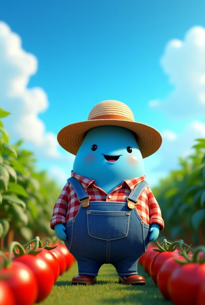 An animated water drop in farmer's clothes With a background of tomatoes and a blue shirt