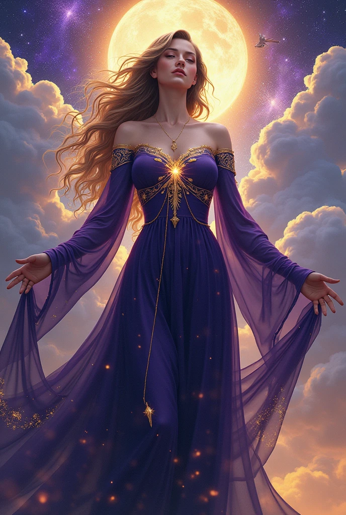 
Ethereal Majestic female goddess with dark purple , dark blue , yellow colour palette.