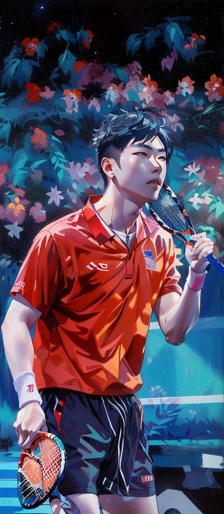Alafed wearing a red shirt、Male tennis player holding a red racket, He has nasolabial folds beside his nose,inspired by Ding Guanpeng, Inspired by Ding Yunpeng, Wenjun Lin, Inspired by Marlene, Inspired by Li Shixing, Yang Qi, jinyiwei, nanquan, heise jinyao, li zixin, inspired by Wang Zhongyu, lei jin, chengwei pan