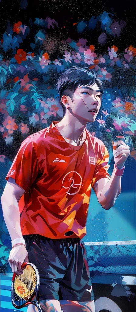 Alafed wearing a red shirt、Male tennis player holding a red racket, He has nasolabial folds beside his nose，inspired by Ding Guanpeng, Inspired by Ding Yunpeng, Wenjun Lin, Inspired by Marlene, Inspired by Li Shixing, Yang Qi, jinyiwei, nanquan, heise jinyao, li zixin, inspired by Wang Zhongyu, lei jin, chengwei pan