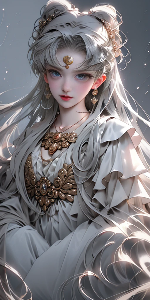 Lovely, ultra-detailed, illustration, complex, detailed, extremely detailed, detailed face, Soft Lighting, Soft Light, Soft Focus, Perfect face, beautiful, Accurate anatomy, Overexposure, 8K, 4K, (high resolution:1.1), best quality, (masterpiece:1.3), 1 Girl, Solitary, Jewelry, Brown eyes, Looking at the audience, earrings, Gray hair, Bangs, Necklace, Shut up, portrait, watch, Hair accessories, Simple background, Gray background, Long hair, Headrest, Lips, hair bow, black Necklace, bow, eyelash