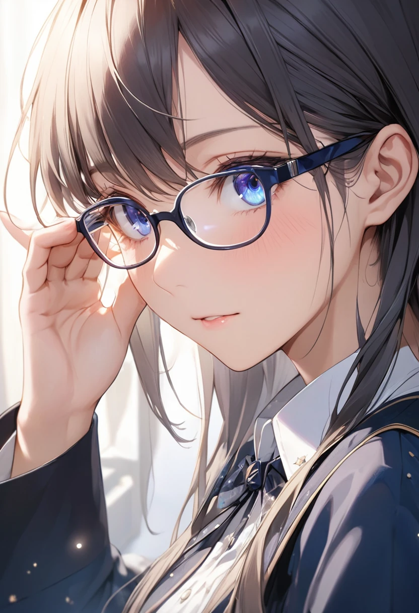 Faithfully reproduces the action of putting on glasses, Magical moments, 
break 視聴者に顔を向けて上目遣いで機嫌を伺う表情, 
break, clear and attractive eyes, 
break (Dynamic shot from the side:1.1, Eye-level shot), 