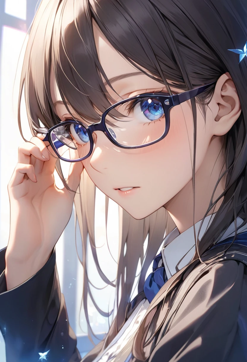 Faithfully reproduces the action of putting on glasses, Magical moments, 
break 視聴者に顔を向けて上目遣いで機嫌を伺う表情, 
break, clear and attractive eyes, 
break (Dynamic shot from the side:1.1, Eye-level shot), 