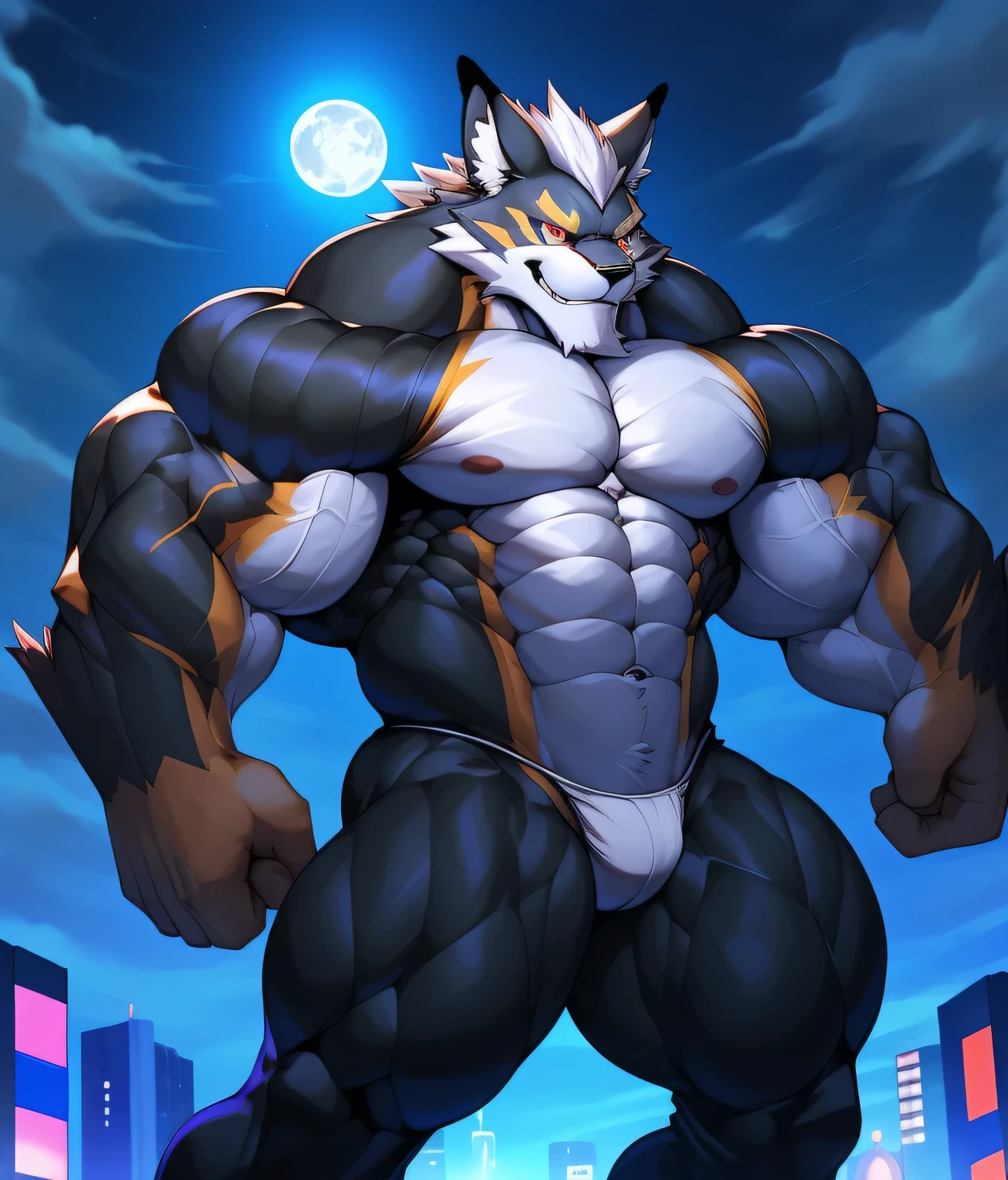 Superhero, body of bodybuilder, nj5pielry, (Leomon, Massive, huge, muscular, GigaChad), (((((white thong))))) Leomon, ((Extremely realistic shadows, Masterpiece, extremely detailed, photorealistic)), kemono, Looking at viewer, ((front)), friendly smile, kind expression, Leomon, ((Detailed face)) nose, red eyes, ((detailed eyes)), Height 3 meters tall, The optimal height, Tight clothing, 300 kg, Body full of huge muscles; Muscular and bulging pecs, Ripped ABS, V-shaped body, Thick waist, Long legs, Manly strong arms, Beautiful face, Attractive cool and calm face type with a cold smile, covered abs, covered nipples. Night city, moon, clouds, city; bulge in the crotch, muscular thighs, (((He wears a very tight black bodysuit that greatly highlights his pectorals and abs))), (((Black bodysuit))) bulging biceps. A muscular hero.