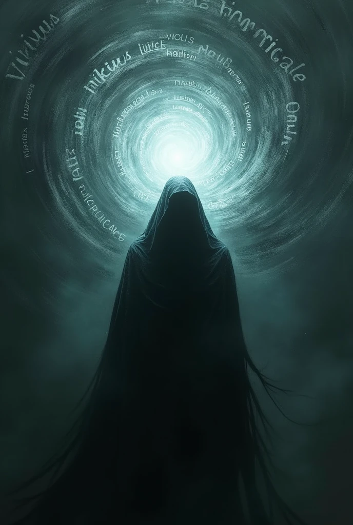 a figure shrouded in shadows surrounded by floating words like vicious hypocritical fears and others with a bright shining light Holy to get out of his misery.
