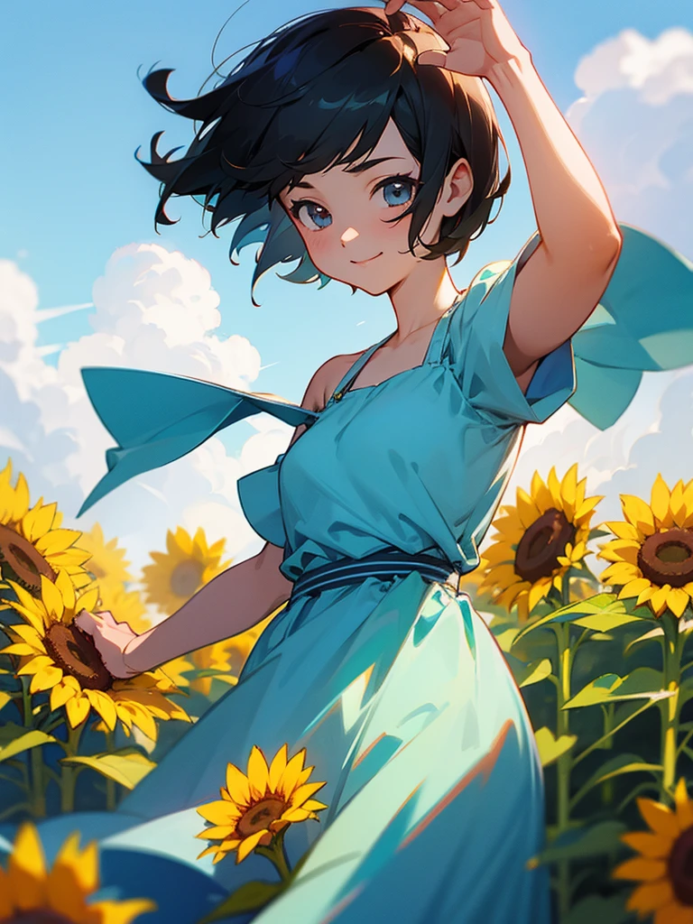 master piece, best quality, for below, cinematic angle, upper body , pigeon toed,
Anime-style Moe illustration, summer vacation theme, 20-year-old woman, sunflower field, short hair,
Picnic Maxi Dress, slightly inner thighs, smile, accurate drawing, Active pose, Active Angle,