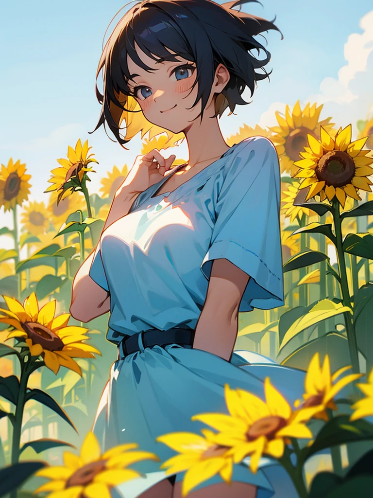 master piece, best quality, for below, cinematic angle, upper body , pigeon toed,
Anime-style Moe illustration, summer vacation theme, 20-year-old woman, sunflower field, short hair,
Picnic Maxi Dress, slightly inner thighs, smile, accurate drawing, Active pose, Active Angle,
