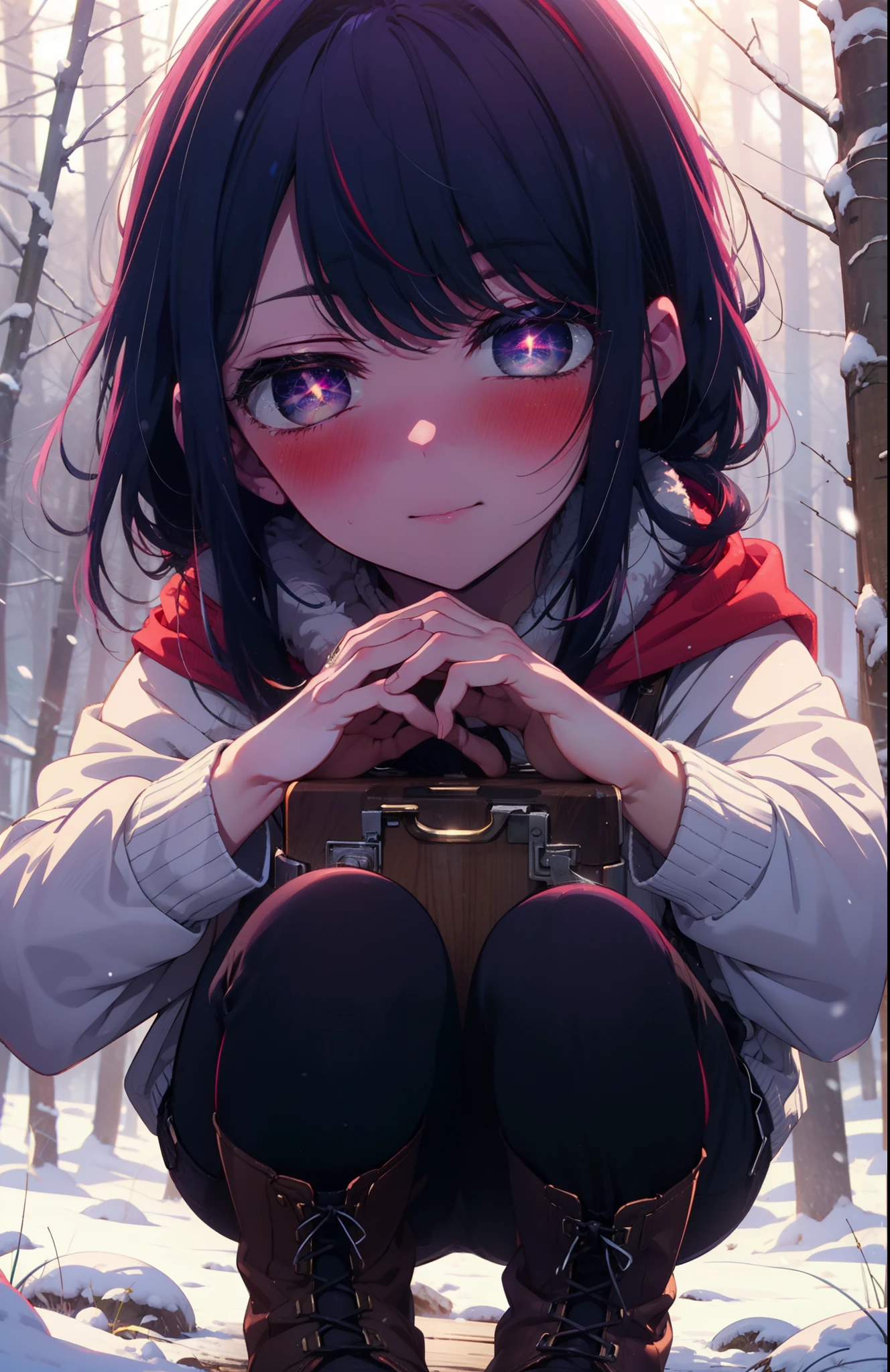 aihoshino, Ai Hoshino, Long Hair, bangs, (Purple eyes:1.1), Purple Hair, (Symbol-shaped pupil:1.5), smile,,smile,blush,white breath,
Open your mouth,snow,Ground bonfire, Outdoor, boots, snowing, From the side, wood, suitcase, Cape, Blurred, , forest, White handbag, nature, Squat, Mouth closed, Cape, winter, Written boundary depth, Black shoes, red Cape break looking at viewer, Upper Body, whole body, break Outdoor, forest, nature, break (masterpiece:1.2), Highest quality, High resolution, unity 8k wallpaper, (shape:0.8), (Beautiful and beautiful eyes:1.6), Highly detailed face, Perfect lighting, Extremely detailed CG, (Perfect hands, Perfect Anatomy),