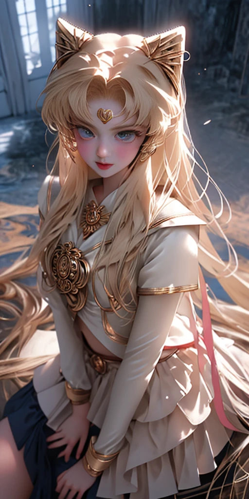 masterpiece, best quality, Langya, 1 Girl, Wolf ears, Wolf Tail, Lovely, Blushed, Looking at the audience, from above, Blonde wavy hair, mini skirt, White and black striped T-shirt, blue eyes, beautiful eyes, Beautiful background, Light Particles, Sun rays, Dramatic Lighting, external, shining, Practical, masterpiece, best quality, ultra-detailed, detailed, landscape, beautiful detailed eyes, detailed hair