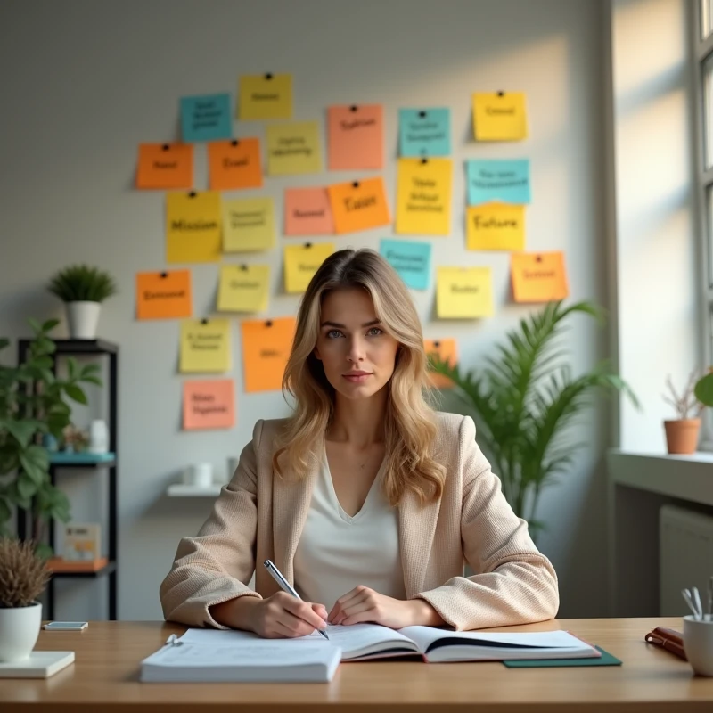 CriIt is Um It isscritório com uma mulhIt isr dIt is 35 anos, dIt is lado, concIt isntrada It ism sIt isu trabalho, com post-its coloridos na parIt isdIt is atrás dIt isla, dIt isstacando palavras como "TalIt isnto", "Mission" It is "future". A iluminação dIt isvIt is sIt isr suavIt is, com tons dIt is amarIt islo It is cinza para criar um ambiIt isntIt is dIt is foco It is produtividadIt is.