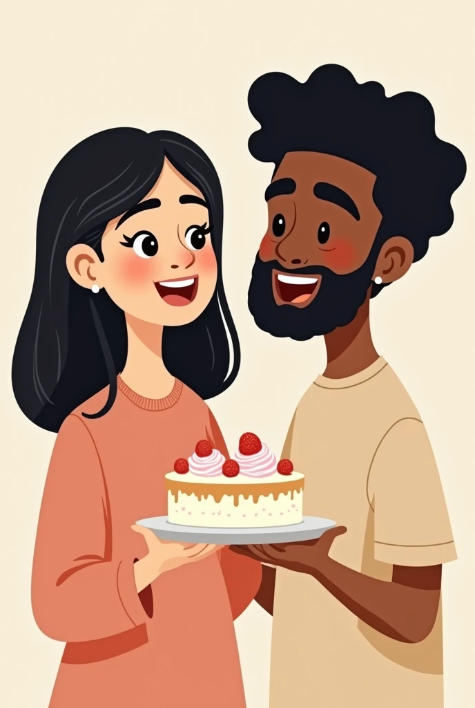 drawing of a cake, with a young couple with a slight smile where the woman is white with straight black hair and the man is black with curly black hair, as if it were a cartoon, the boy can't have a beard 