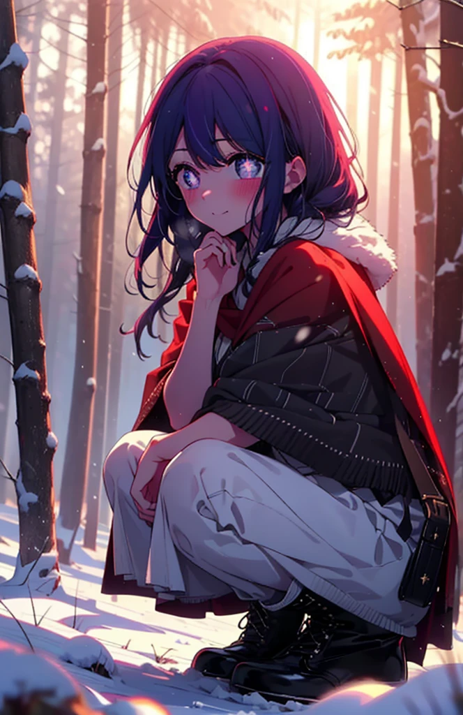 aihoshino, Ai Hoshino, Long Hair, bangs, (Purple eyes:1.1), Purple Hair, (Symbol-shaped pupil:1.5), smile,,smile,blush,white breath,
Open your mouth,snow,Ground bonfire, Outdoor, boots, snowing, From the side, wood, suitcase, Cape, Blurred, , forest, White handbag, nature, Squat, Mouth closed, Cape, winter, Written boundary depth, Black shoes, red Cape break looking at viewer, Upper Body, whole body, break Outdoor, forest, nature, break (masterpiece:1.2), Highest quality, High resolution, unity 8k wallpaper, (shape:0.8), (Beautiful and beautiful eyes:1.6), Highly detailed face, Perfect lighting, Extremely detailed CG, (Perfect hands, Perfect Anatomy),