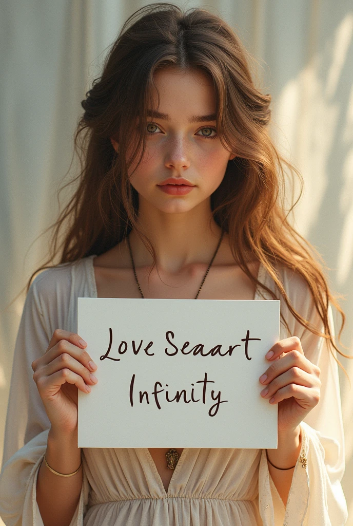 Beautiful girl with wavy long hair, bohemian dress, holding a white board with text "I Love Seaart Infinity" and showing it to the viewer