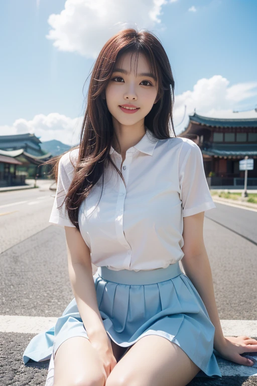 official art, Masterpiece, Sharp focus, (Beautiful and lovely Korean women:1.3), (Beautiful, cute, Korean:1.3), Korean beauty, Delicate and beautiful hair, eyes and face, realistic, very detailed, beautiful girl, sky, fluorescent white particles, (On the side of the road:1.2), sunlight, White clouds, Detailed clouds, Thin, Very big breasts, cute and very big hips, smile with teeth, ((Smile with all eyes, Open both eyes)), view, long straight hair, sexy facial expression, building, (viewของเมือง:1.7), Dynamic hair, long straight hair, Platinum pink hair details, glowing blue eyes, (Blue pleated shirt + white skirt), white long socks, Pale skin, hair accessories, epic view,