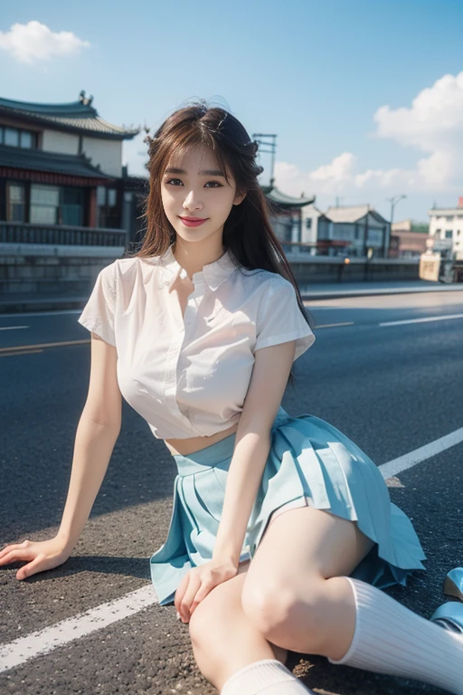 official art, Masterpiece, Sharp focus, (Beautiful and lovely Korean women:1.3), (Beautiful, cute, Korean:1.3), Korean beauty, Delicate and beautiful hair, eyes and face, realistic, very detailed, beautiful girl, sky, fluorescent white particles, (On the side of the road:1.2), sunlight, White clouds, Detailed clouds, Thin, Very big breasts, cute and very big hips, smile with teeth, ((Smile with all eyes, Open both eyes)), view, long straight hair, sexy facial expression, building, (viewของเมือง:1.7), Dynamic hair, long straight hair, Platinum pink hair details, glowing blue eyes, (Blue pleated shirt + white skirt), white long socks, Pale skin, hair accessories, epic view,