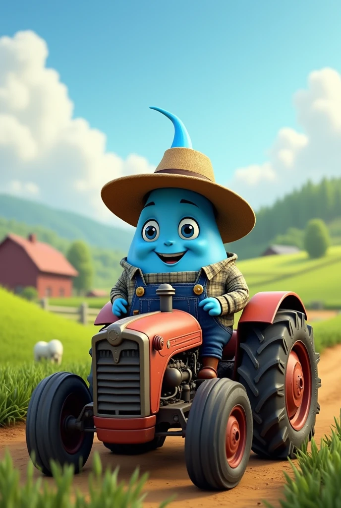 An animated water drop in farmer's clothes on top of a tractor
