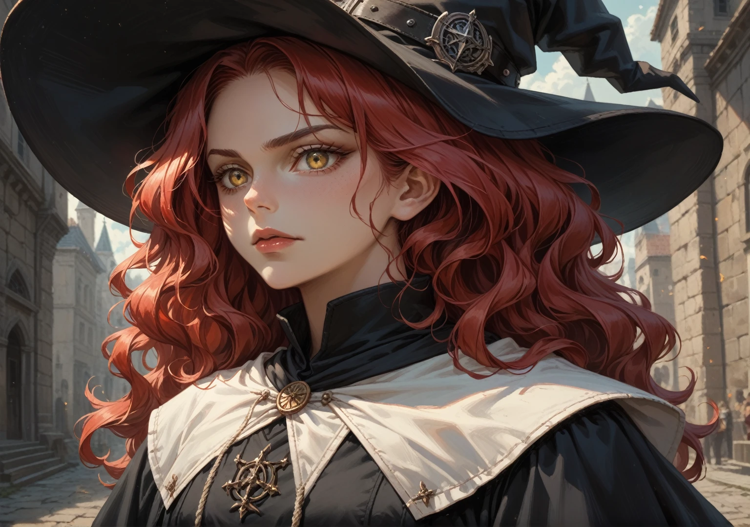 Woman, witch, caucasiana, 33 years old, Red hair, "straight and loose hair", yellow color eyes, Oval face, he would be, arched eyebrow, medieval style white leather clothing, black leagwear, manipulates light, drawning.