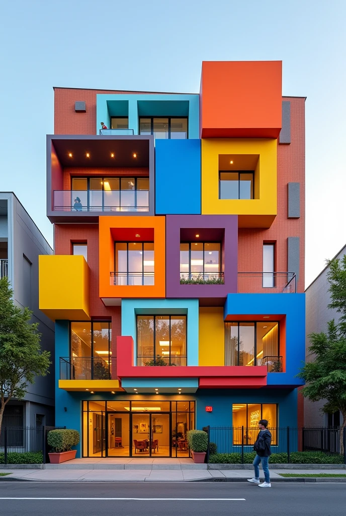 Create a modern architectural facade for a school that contains separate elements, brightly coloured, and have different formats