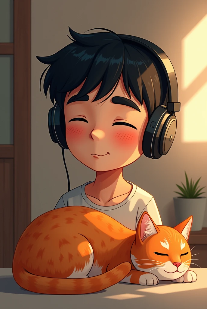 A drawing of a young man with headphones and an orange cat