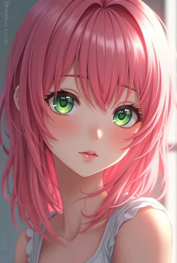 Anime girl with pink hair and green eyes sitting on the ground, Detailed portrait of anime girl, Close-up of a young anime girl, Realistic anime girl rendering, Beautiful anime girl, Attractive anime girl, Detailed digital anime art, Stunning anime face portraits, Cute girl anime visual, Beautiful anime portrait, Beautiful anime woman, Beautiful anime face, Charming anime girl