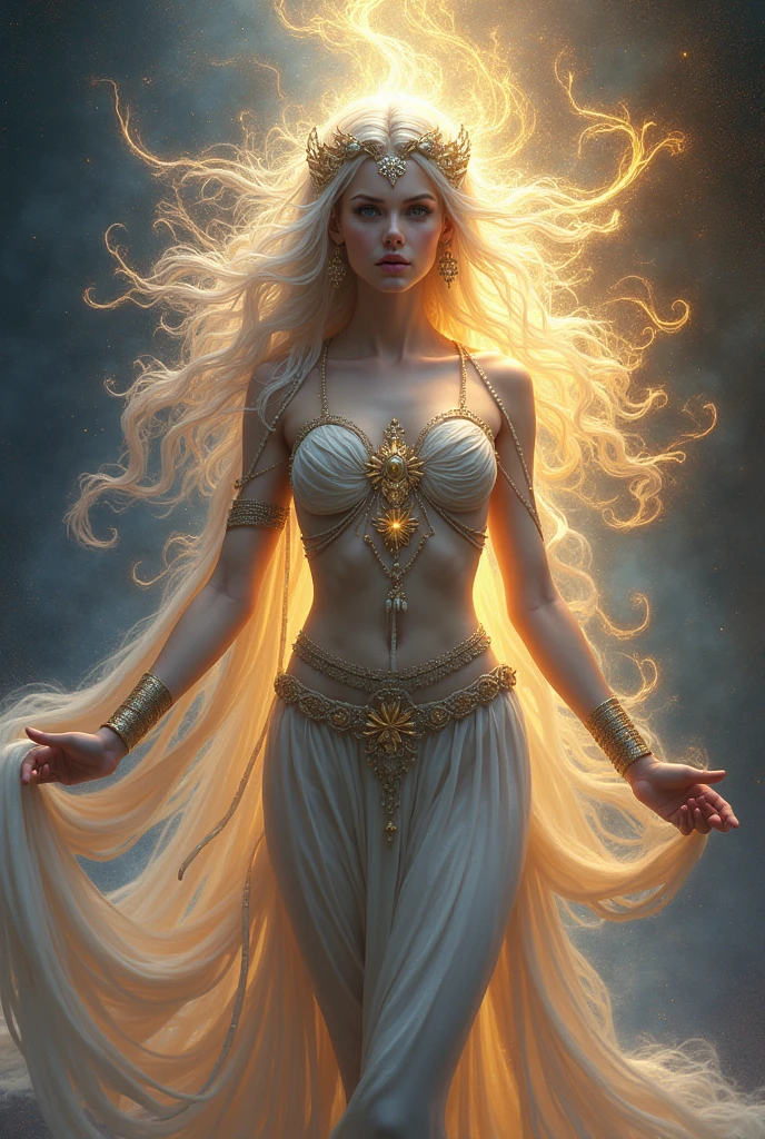 Ethereal Majestic female goddess with dark purple , dark blue , yellow colour palette.