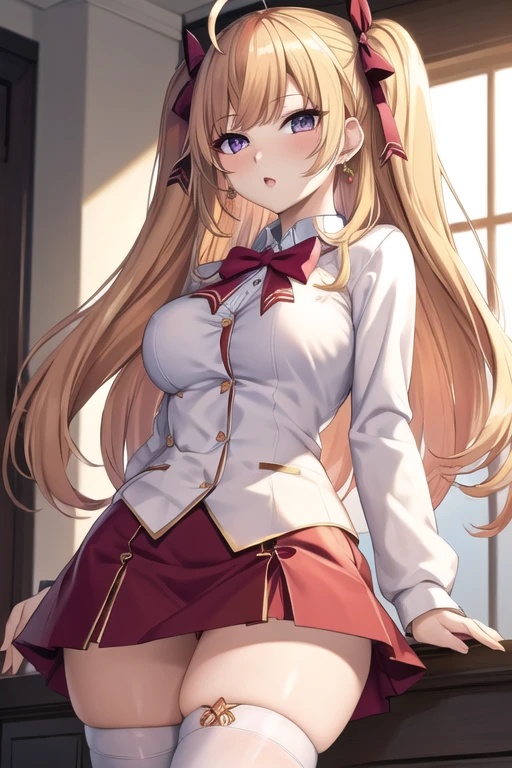 ultra-detailed,
master piece,best quality,high resolution,
beautiful eyes,detailed eyes,detailed face,
beautiful detailed eyes,symmetrical clear eyes,
1girl,, hmtr, two side up, long hair, ahoge, hair ribbon, red ribbon, earrings, jewelry, red bowtie, white cardigan, medium breasts, long sleeves, red skirt, thighhighs, ツインテール,wide hips,