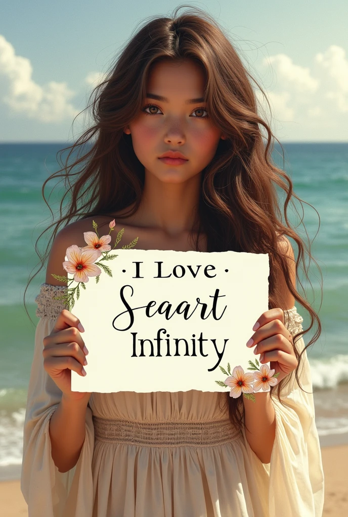 Beautiful girl with wavy long hair, bohemian dress, holding a white board with text "I Love Seaart Infinity" and showing it to the viewer