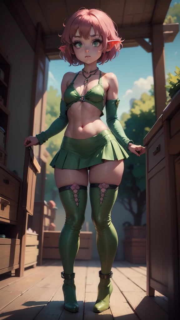 absurd resolution, ((best quality)), ((masterpiece)), (very detailed), 4k, goblin girl, short stature,short pink hair, wearing microskirt, wearing chains, pink eye makeup, ripped fishnets, ((green skin)), small pointy ears, thigh boots,