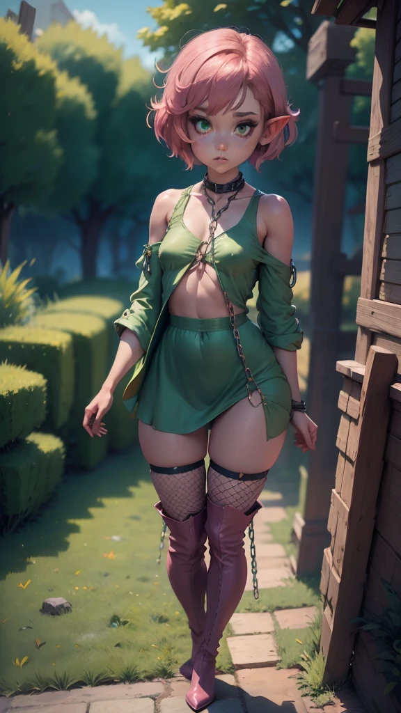 absurd resolution, ((best quality)), ((masterpiece)), (very detailed), 4k, goblin girl, short stature,short pink hair, wearing microskirt, wearing chains, pink eye makeup, ripped fishnets, ((green skin)), small pointy ears, thigh boots,