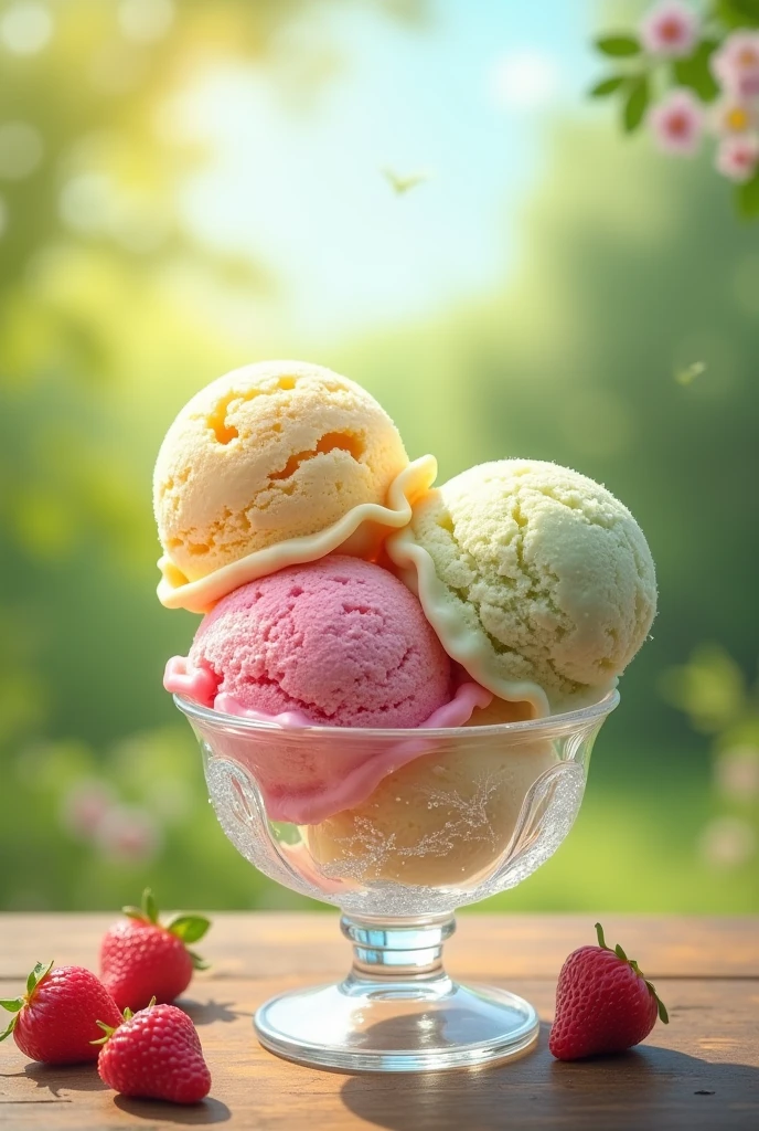 3 Ice Creams in a glass. Different flavors background landscape 