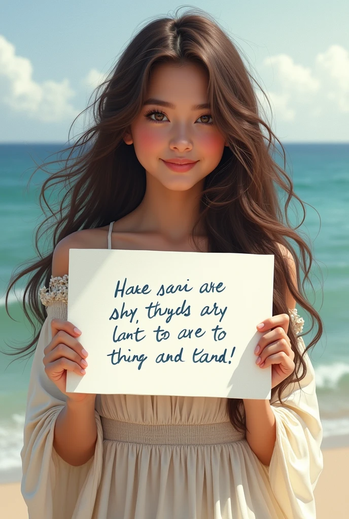 Beautiful girl with wavy long hair, bohemian dress, holding a white board with text "I Love Seaart Infinity" and showing it to the viewer