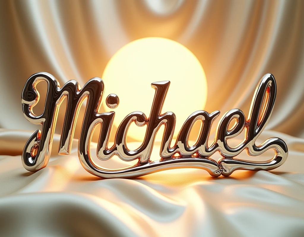 shiny highly polished sparkling-in-the-sun silver chrome and coloured glass fancy art nouveau flourished script text with flattened surface, large, (text:"Michael") The word, matching full text width underline, flowing art nouveau shapes, front face view on flat cream silk background, direct front lit by very bright sun, tropical reflection in text face, highlights, lens flare, logo, badge, emblem, insignia, label, photorealistic, extremely detailed, beautiful, unique, epic, cinematic, sparkling,