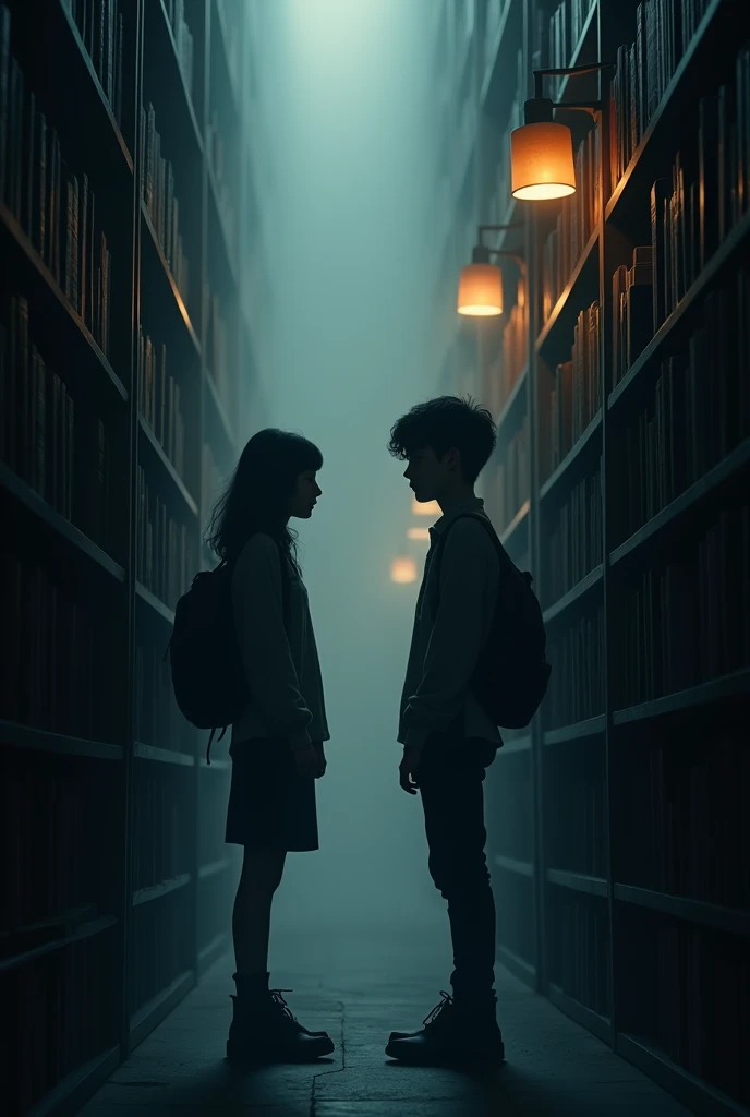 Creates a photo of 2 teenagers in a library but you can only see the shadow