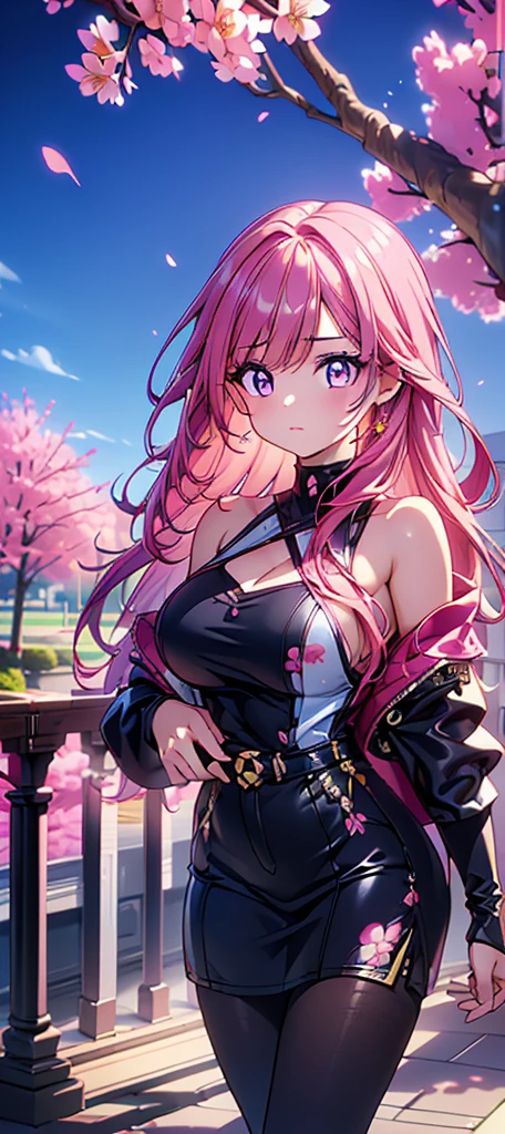 a beautiful detailed woman with long hair,Pink hair, dramatic colors,big breasts, (best quality,4k,8k,highres,masterpiece:1.2),ultra-detailed,HDR,UHD,ultra-fine painting,sharp focus,physically-based rendering,extreme detail description,Fantasy,out door,Cherry blossom ,