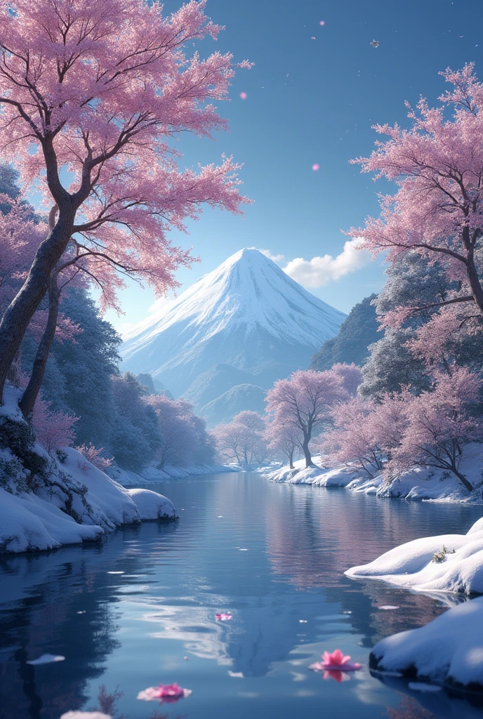Logo、masterpiece、8K、On the table、RAW photos、wonderful、最high quality、フォトrealでVery detailedなCG統合8K壁紙、high quality、Very detailed、Narrative Poems、Particle Effects、dynamic effect、Character border depth、Movie Lighting、lens flare、Ray Tracing、On the table、real、Ultra-high resolution、fantasy、night、wind、dark、雪とFrost、Cold winter days、Snow Mountainや森、Frost、Snow Mountain々、Frost树的美丽与光辉、The quiet and beautiful grassland in the world of ice and snow、Vast land、Lakeside、wonderful景色、美しい自然のwind景、night空、wind、Cherry blossoms、Cherry blossoms花びら舞っている、Cherry blossoms吹雪、Falling Flowers